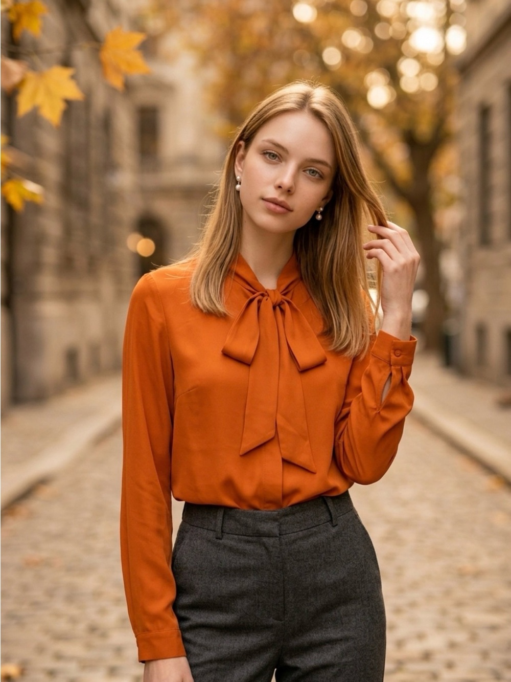 Tie-Neck Long Sleeve Blouse - Orange